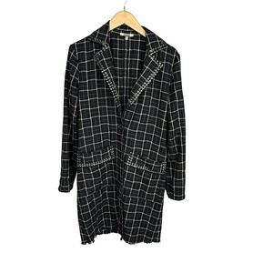 Gimmicks Plaid Embellished Jacket Small Open Front Bohemian Fringe Trim Duster